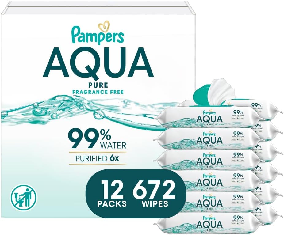 Pampers Baby Wipes Aqua Pure, 99% water-based wipes, Hypoallergenic and Unscented Baby Wipes, 672 Wipes Total (12 Flip-Top Packs) - Image 1