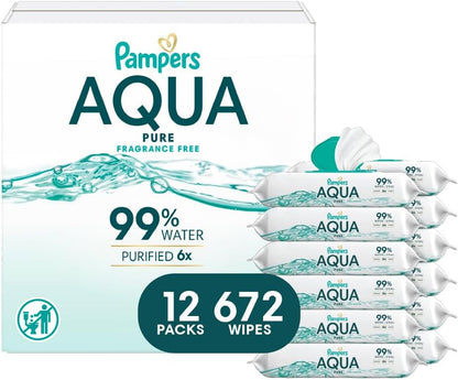 Pampers Baby Wipes Aqua Pure, 99% water-based wipes, Hypoallergenic and Unscented Baby Wipes, 672 Wipes Total (12 Flip-Top Packs) - Image 1