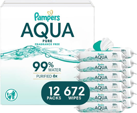 Pampers Baby Wipes Aqua Pure, 99% water-based wipes, Hypoallergenic and Unscented Baby Wipes, 672 Wipes Total (12 Flip-Top Packs) - Image 1