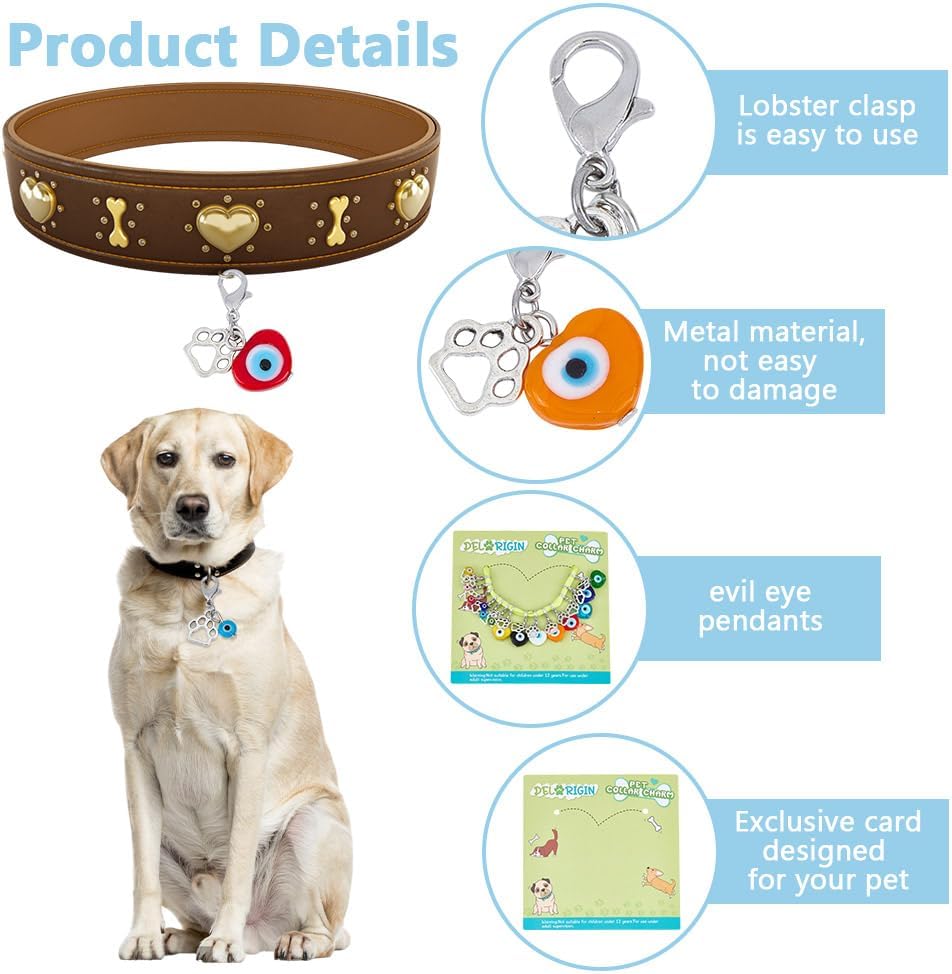 Pet collar accessory set with various heart and evil eye designs