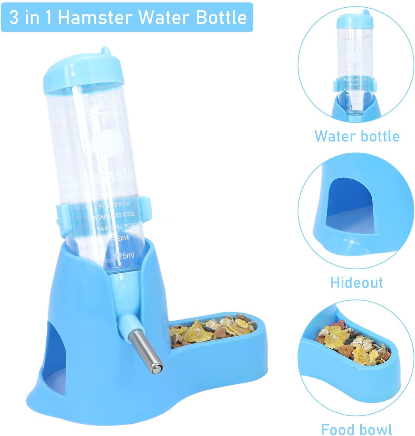 Wontee Hamster Water Bottle Water Dispenser Hamster Silent Exercise Running Wheel for Dwarf Hamsters Gerbil Mice (Blue, 125ML) - Image 2