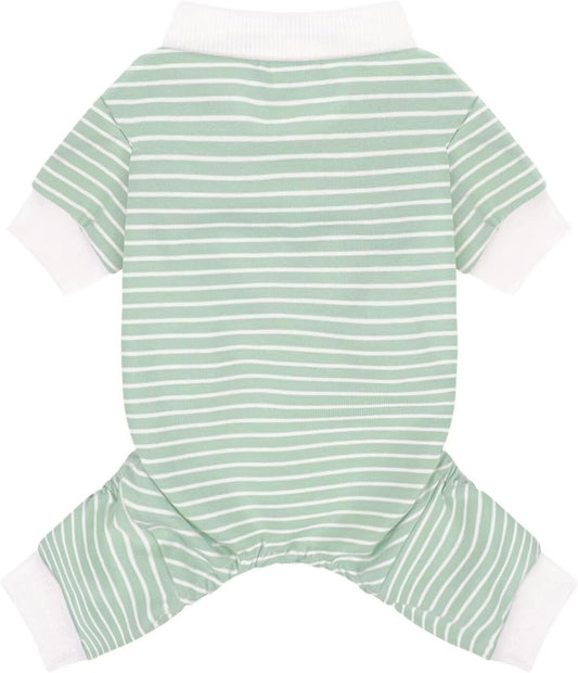 Paiaite green striped dog pajamas front view showing the comfortable round neck design on a medium puppy.