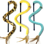 Soft materials and natural feathers on interactive kitten wands.