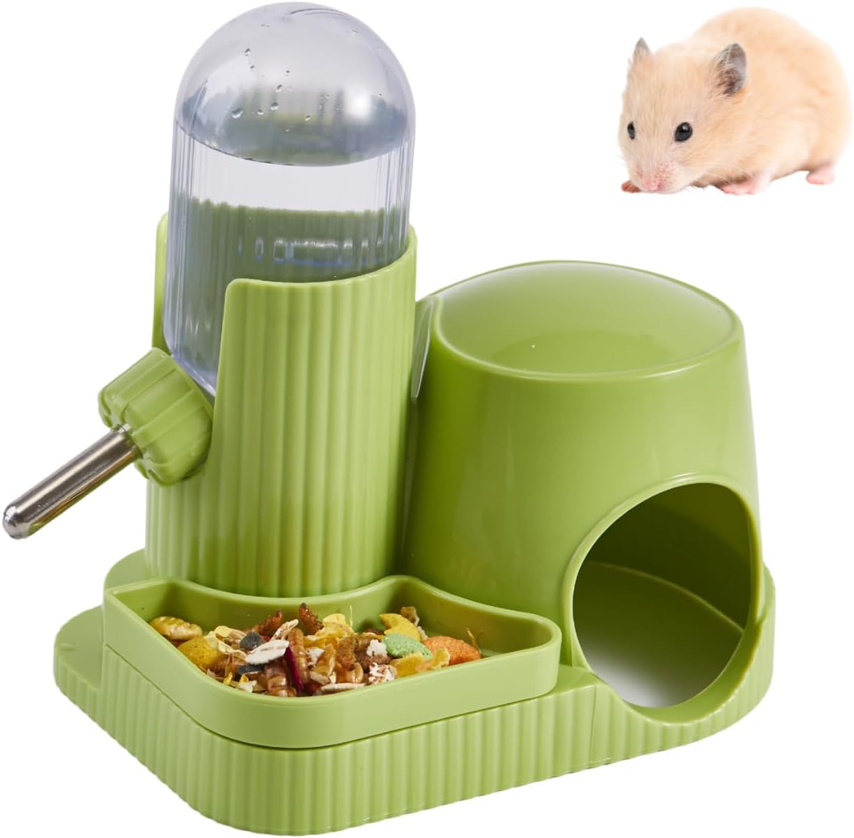 3 in 1 Hamster Water Bottle No Drip Automatic Leakproof Dispenser with Food Container and Hideout Base for Gerbil Rat Dwarf Hamster Mouse (Green, 3.4oz) - Image 1