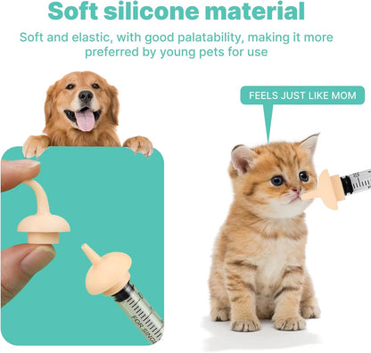 Overhead lifestyle shot of the five piece ZingFsh kitten and puppy syringe feeding kit on a sterile background