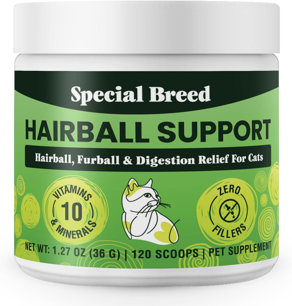 Special Breed Hairball Support Powder for Cats front view jar showing 100% authentic USA imported packaging
