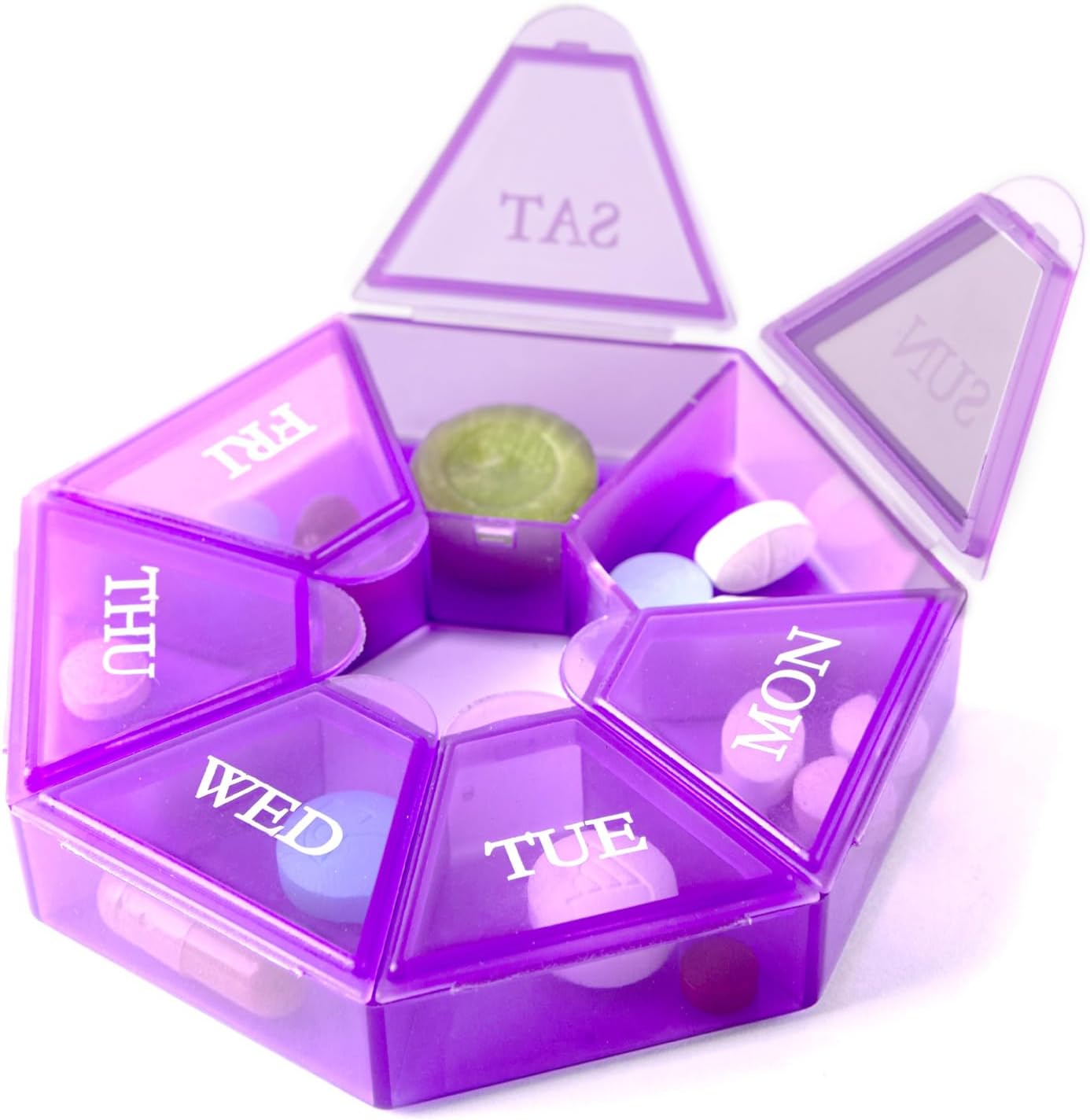 Deke Home weekly pill organizer front view showing seven sided round design