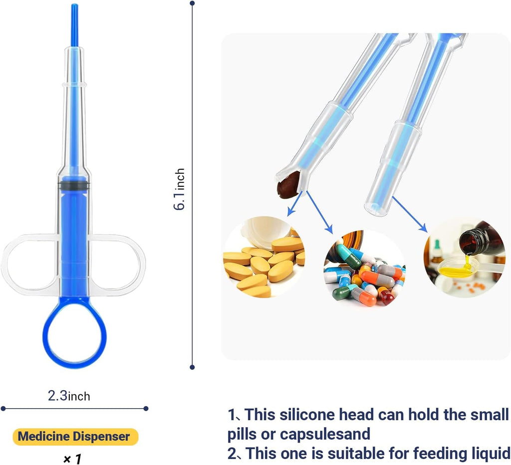 Blue oral pet pill shooter tool with flexible silicone tips for solid medication