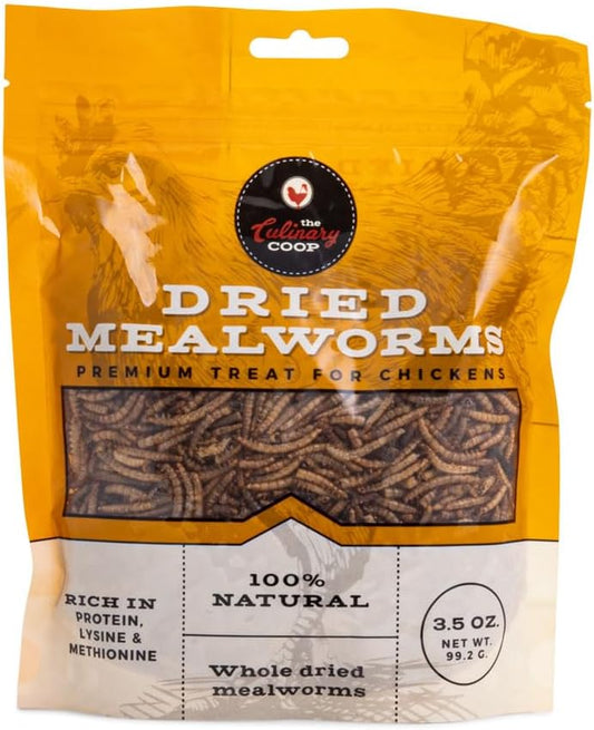 Flukers Culinary Coop premium chicken treats front view bag of high protein dried mealworms.