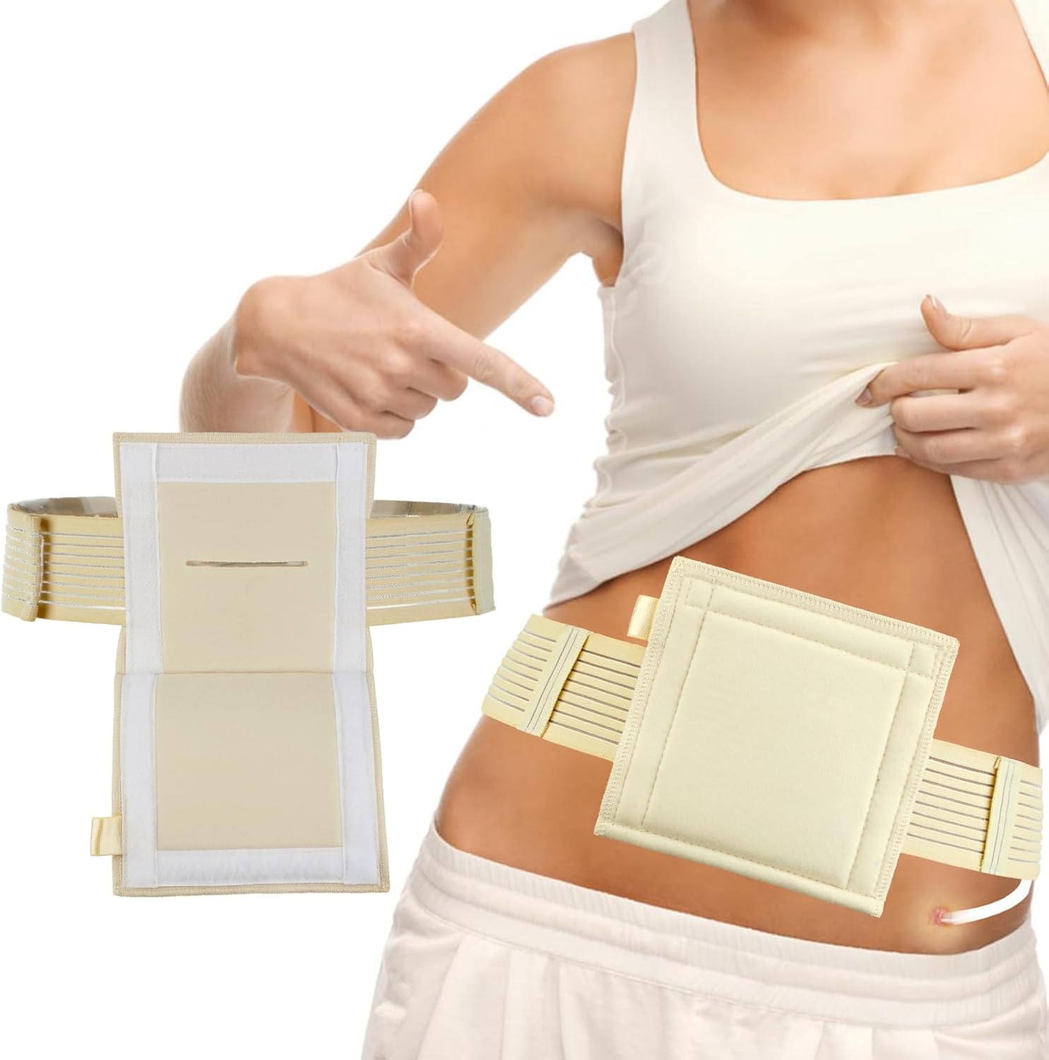 WoundWarrior feeding tube belt front view showing the beige breathable pouch and adjustable waistband.
