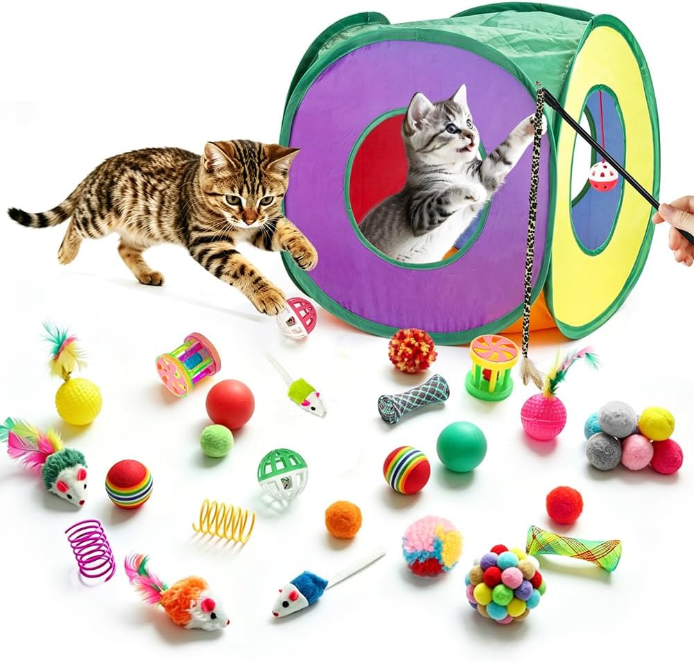 Retro Shaw 33 pack cat toys set front view featuring collapsible rainbow play tunnel and interactive accessories.