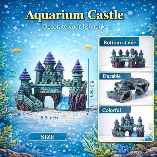 Packaging layout of the Mechpia aquarium kit including the mini castle, rockery, and all seven plastic plants.