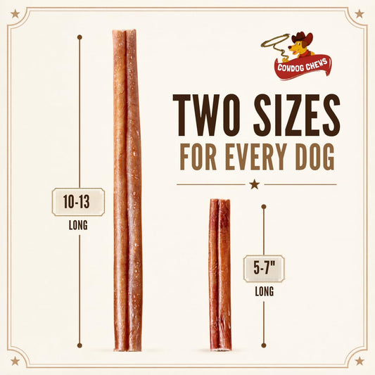 Cowdog Chews digestible beef collagen sticks displaying texture and five to seven inch length.