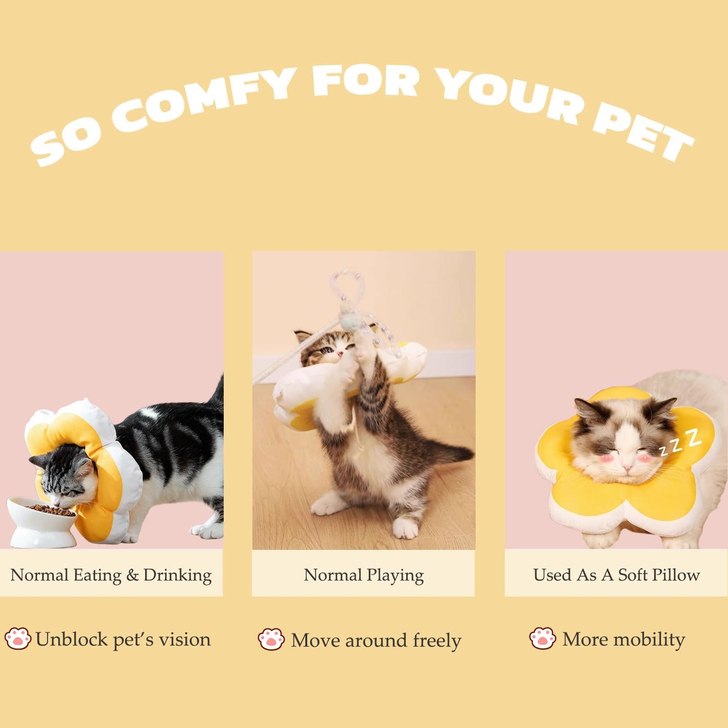 Waterproof yellow flower elizabethan collar side angle on small cat