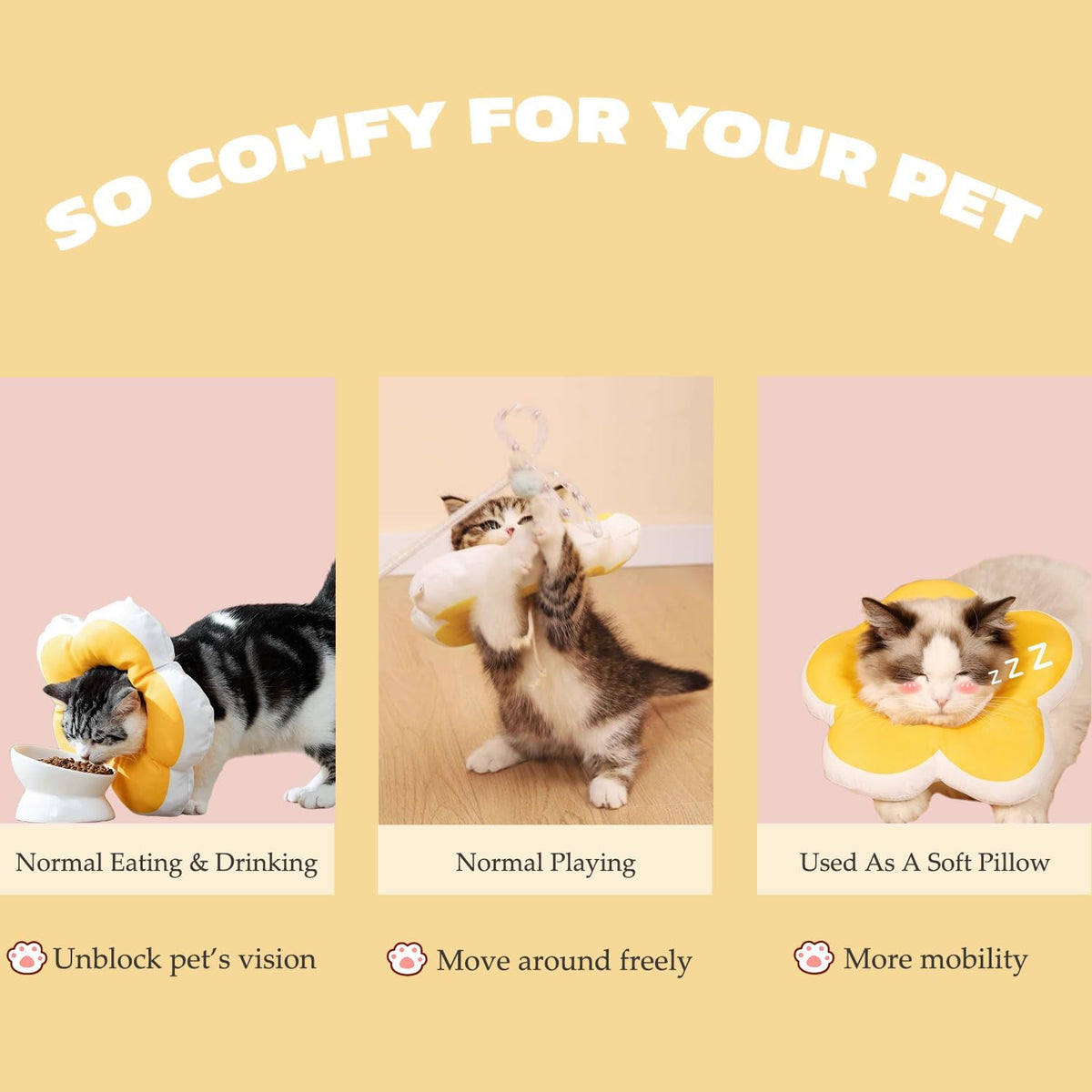 Waterproof yellow flower elizabethan collar side angle on small cat