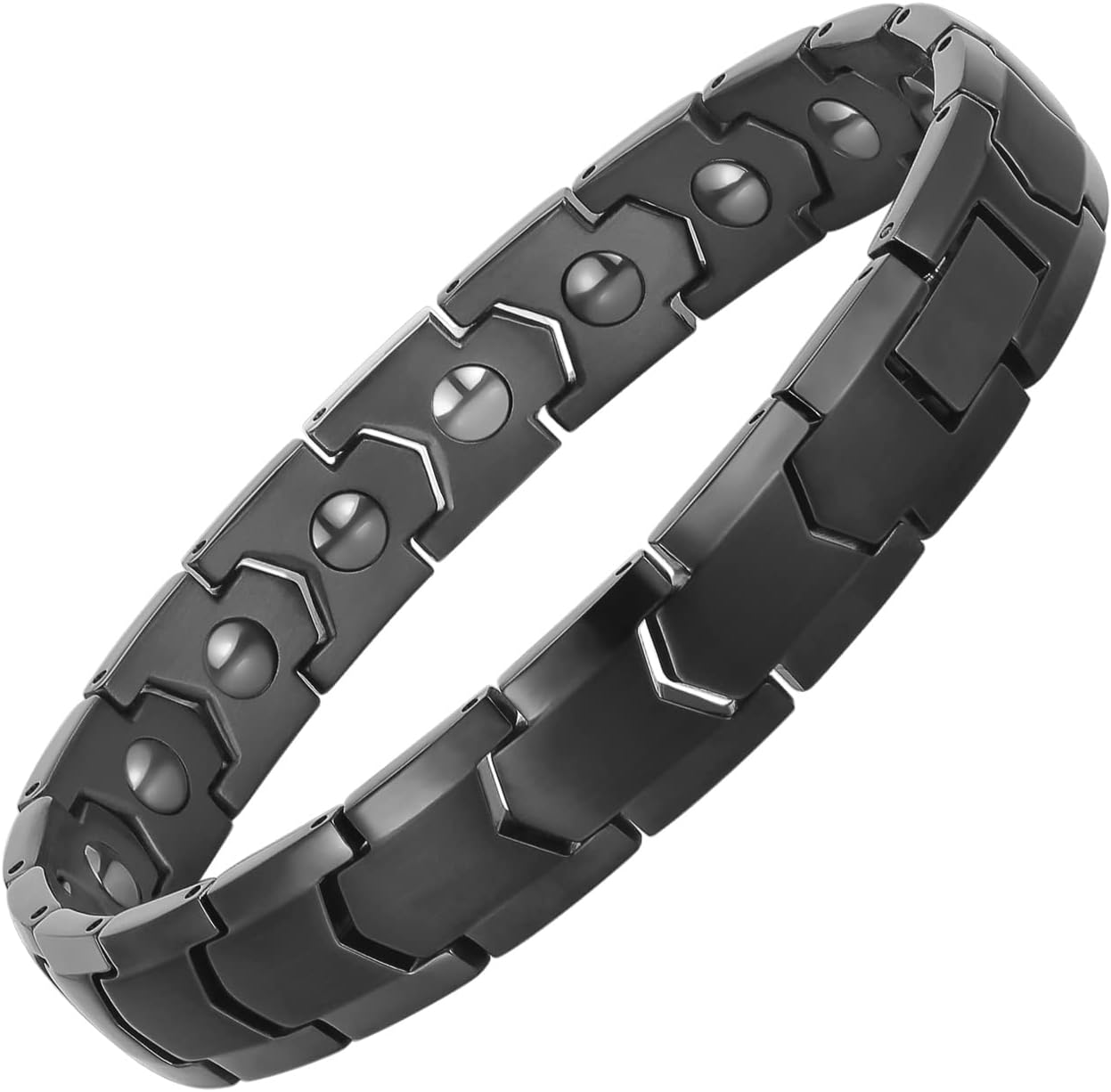 PUJANE Magnetic Hematite Bracelet front view showing black stainless steel links.