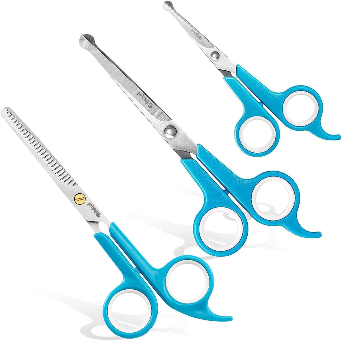 Boshel dog grooming scissors kit front view featuring three stainless steel shears with blue handles.