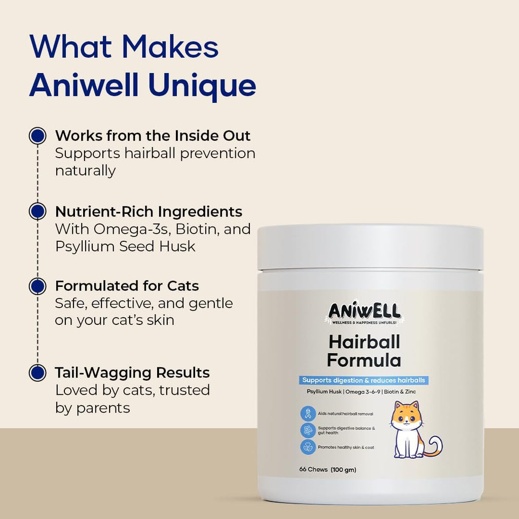 Aniwell petroleum free hairball soft chews premium pet care product display.