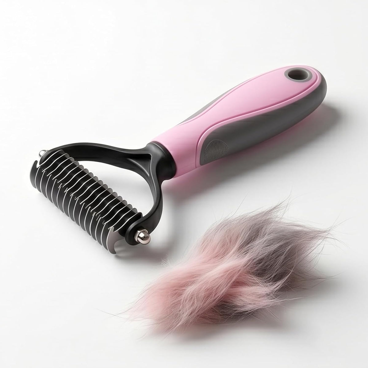 Waterproof and washable UJEAVETTE pet undercoat rake being rinsed clean after a grooming session
