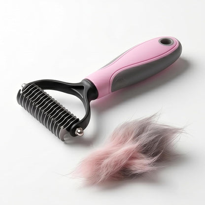 Waterproof and washable UJEAVETTE pet undercoat rake being rinsed clean after a grooming session