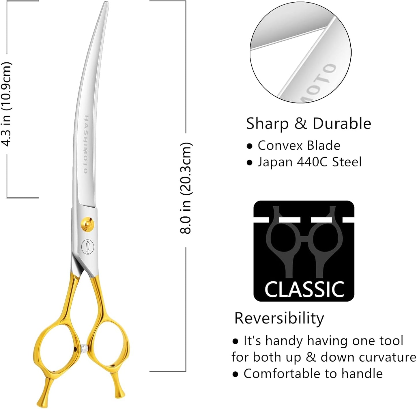 Handcrafted eight inch pet shears made from Japanese stainless steel for large dogs.