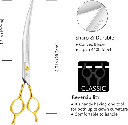Handcrafted eight inch pet shears made from Japanese stainless steel for large dogs.