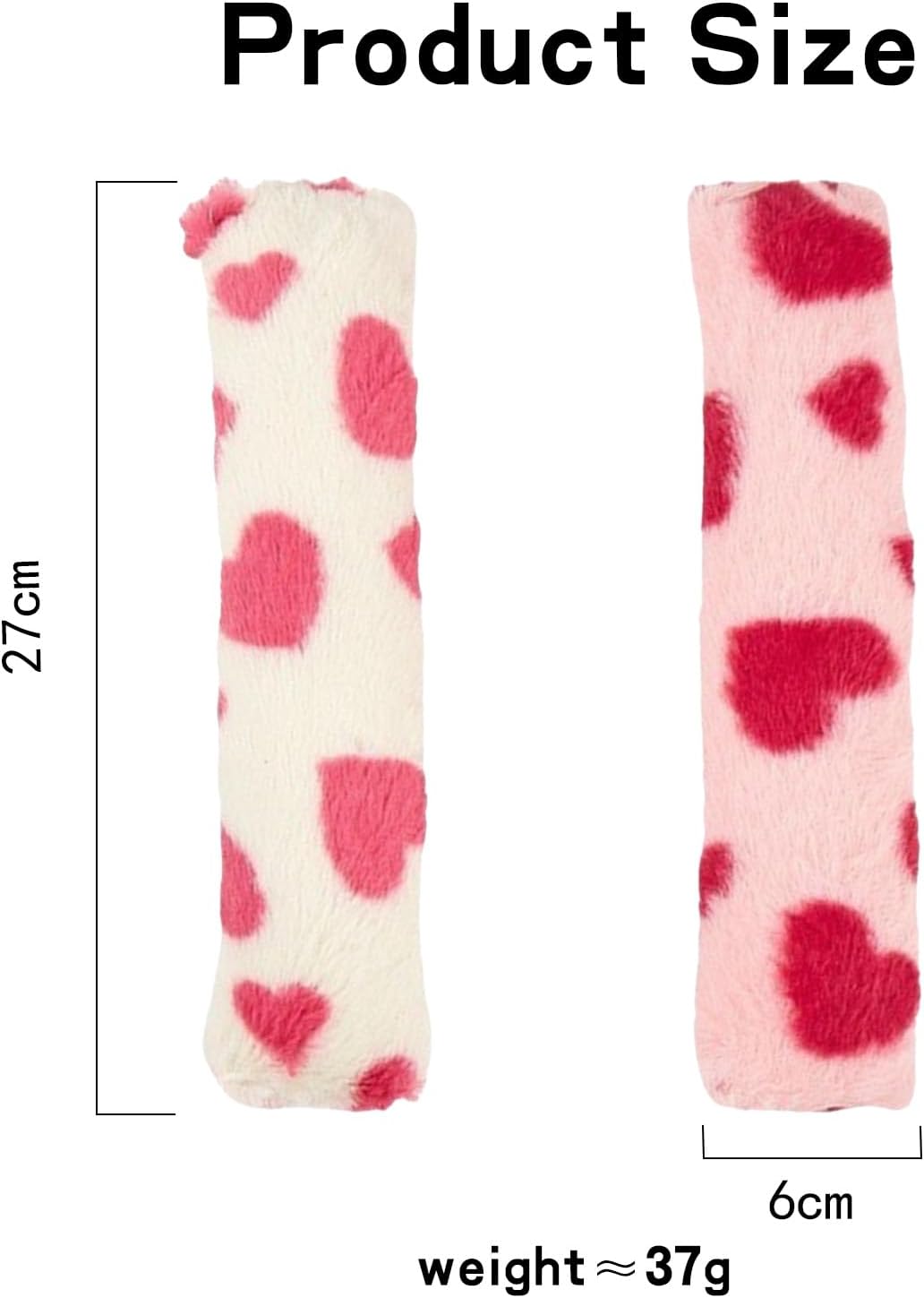 Three heart patterned long plush cat kicker pillows with crinkle paper inside