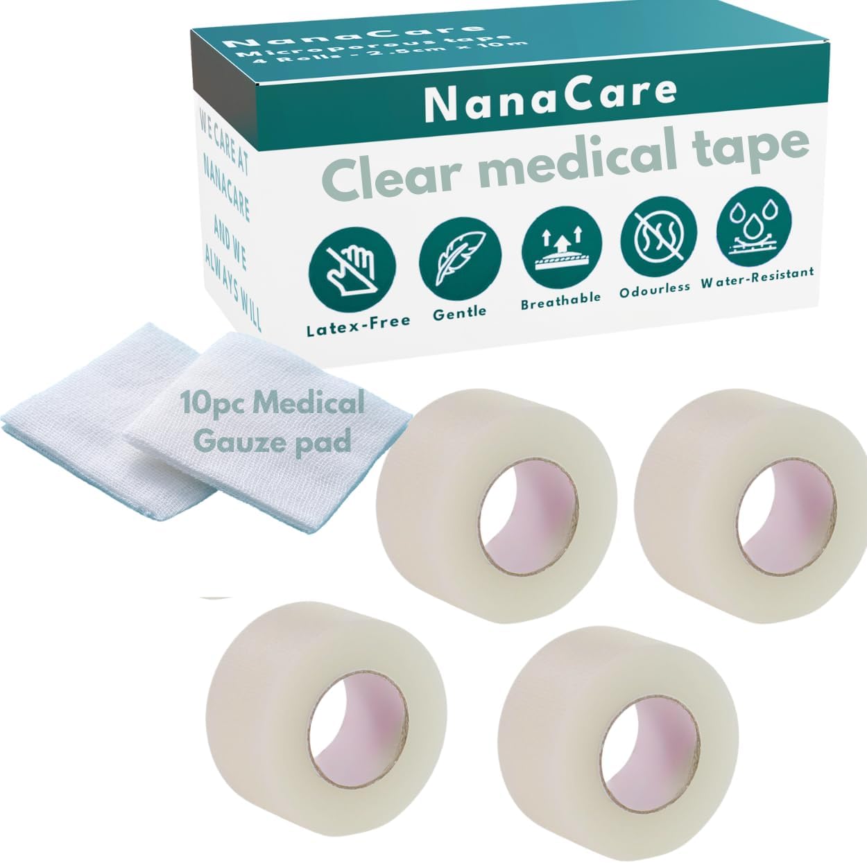 NanaCare hypoallergenic transparent surgical tape front view showing four rolls packaging