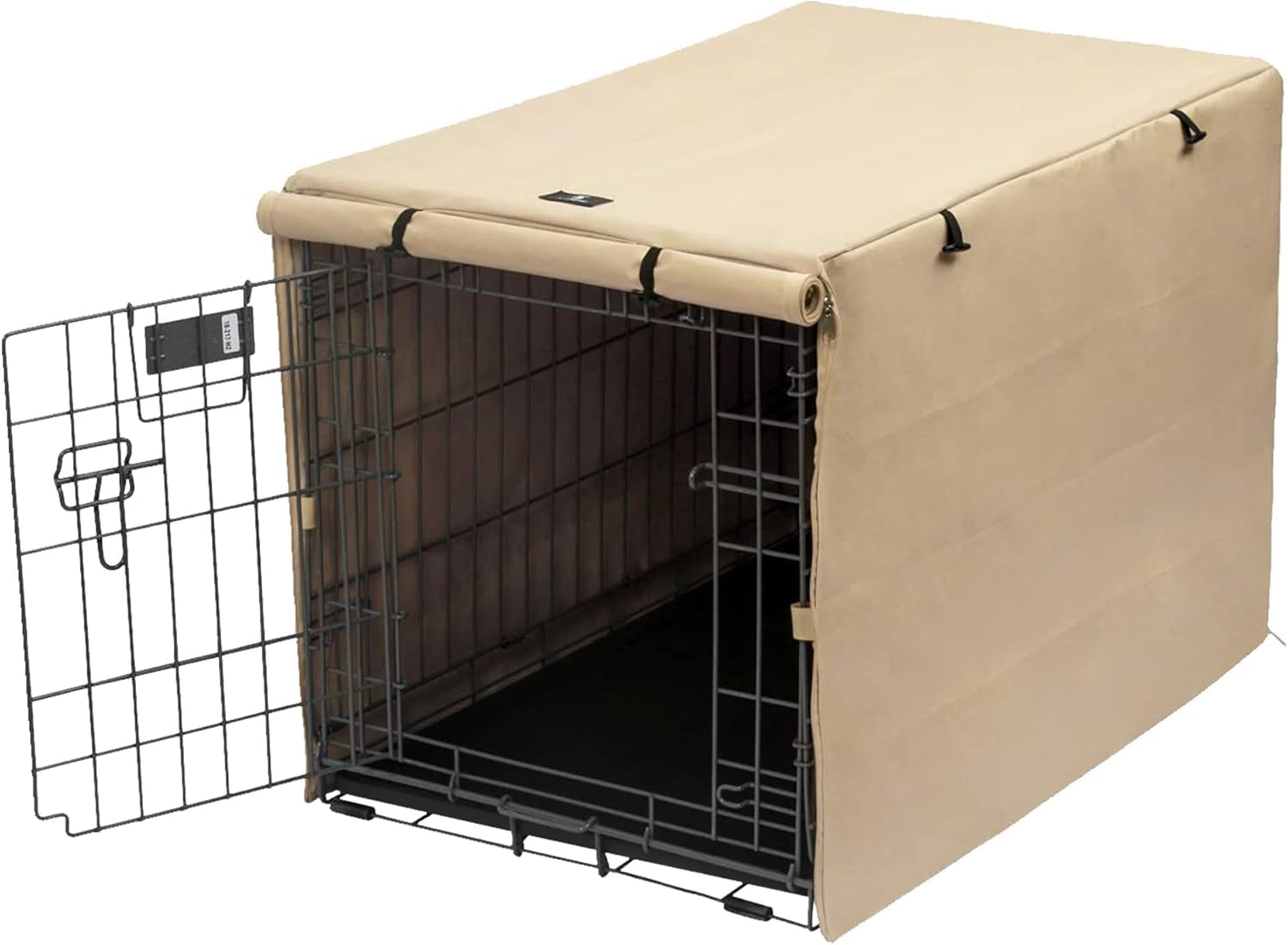 X-ZONE PET Double Door Dog Crate Cover tan front view on a wire dog kennel