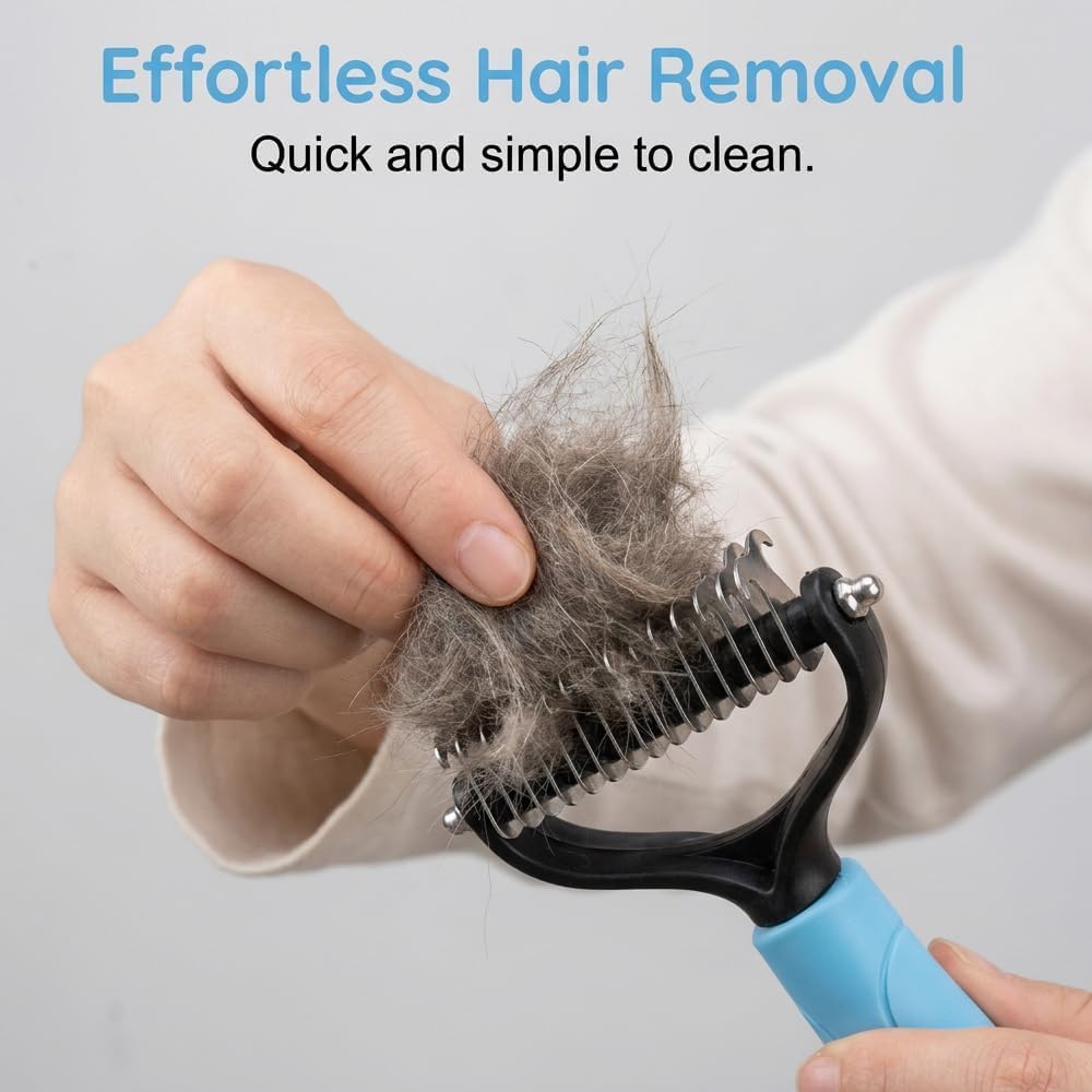 Blue large pet grooming comb showcasing ergonomic non slip handle design