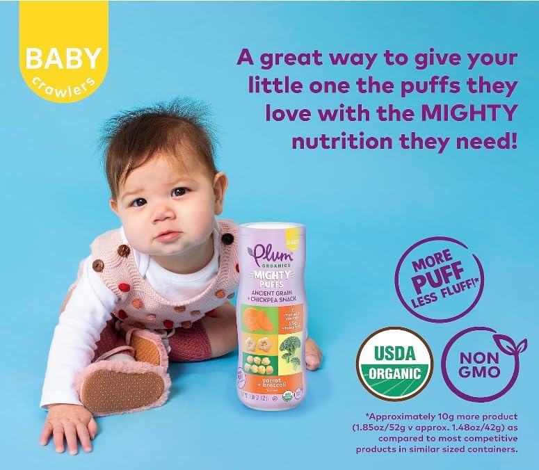 Plum Organics Carrot and Broccoli toddler snacks package with certified organic labeling.