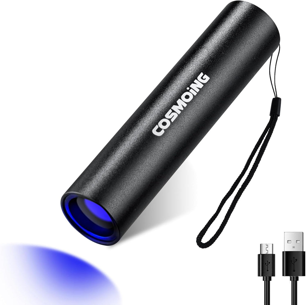 Darkbeam 365 nanometer UV flashlight front view highlighting the compact black aluminum body.