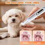 Handheld pet precision trimmer being used on dog ears for detailed grooming