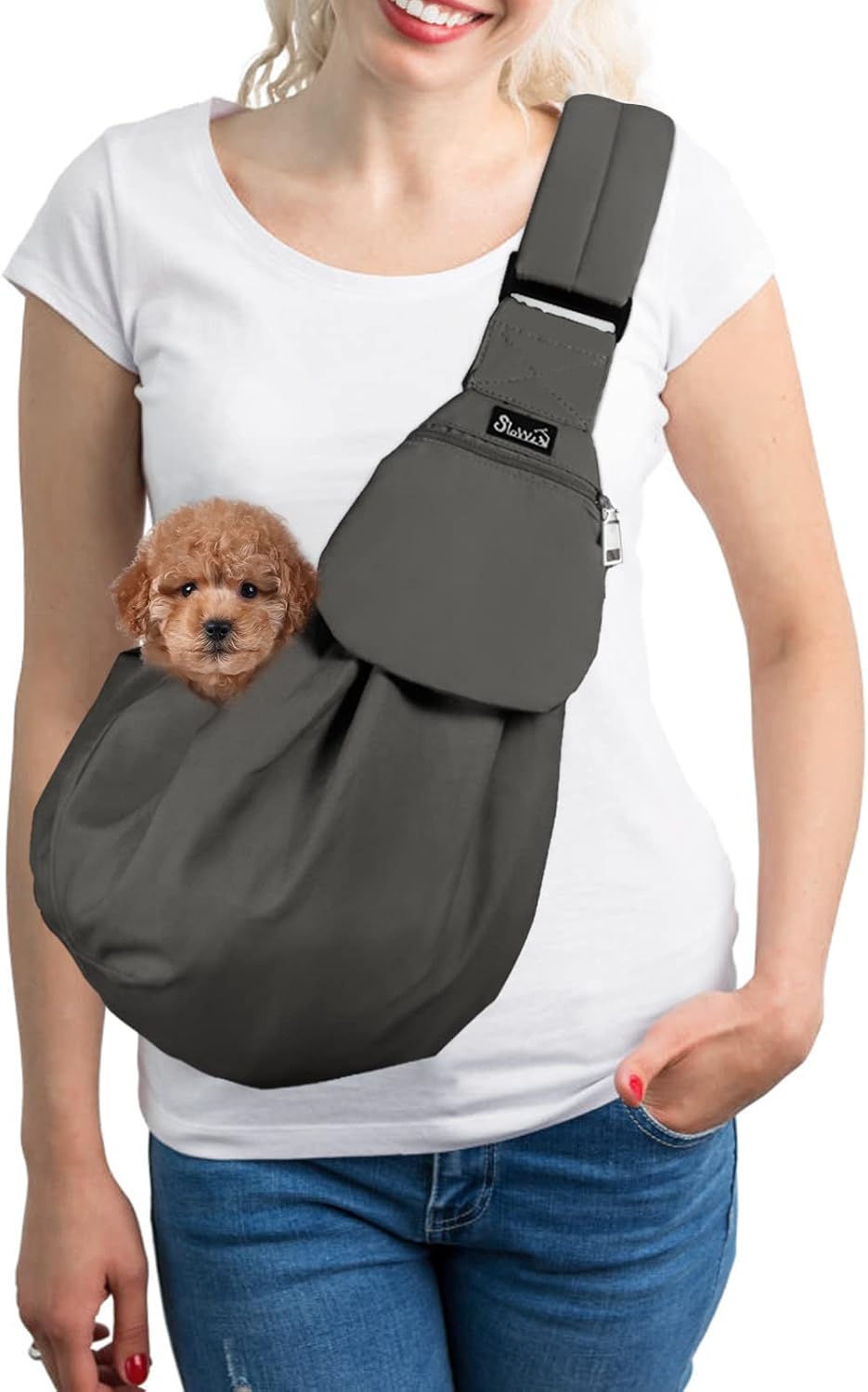 SlowTon Dog Carrier Sling - Thick Padded Shoulder Strap Adjustable Dog Carriers for Small Dogs, Puppy Carrier Purse for Pet Cat with Front Zipper Pocket Safety Belt Machine Washable (Grey L) - Image 12
