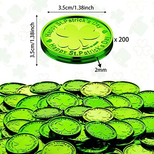 Festive holiday game props setup featuring green shamrock tokens next to party decorations.
