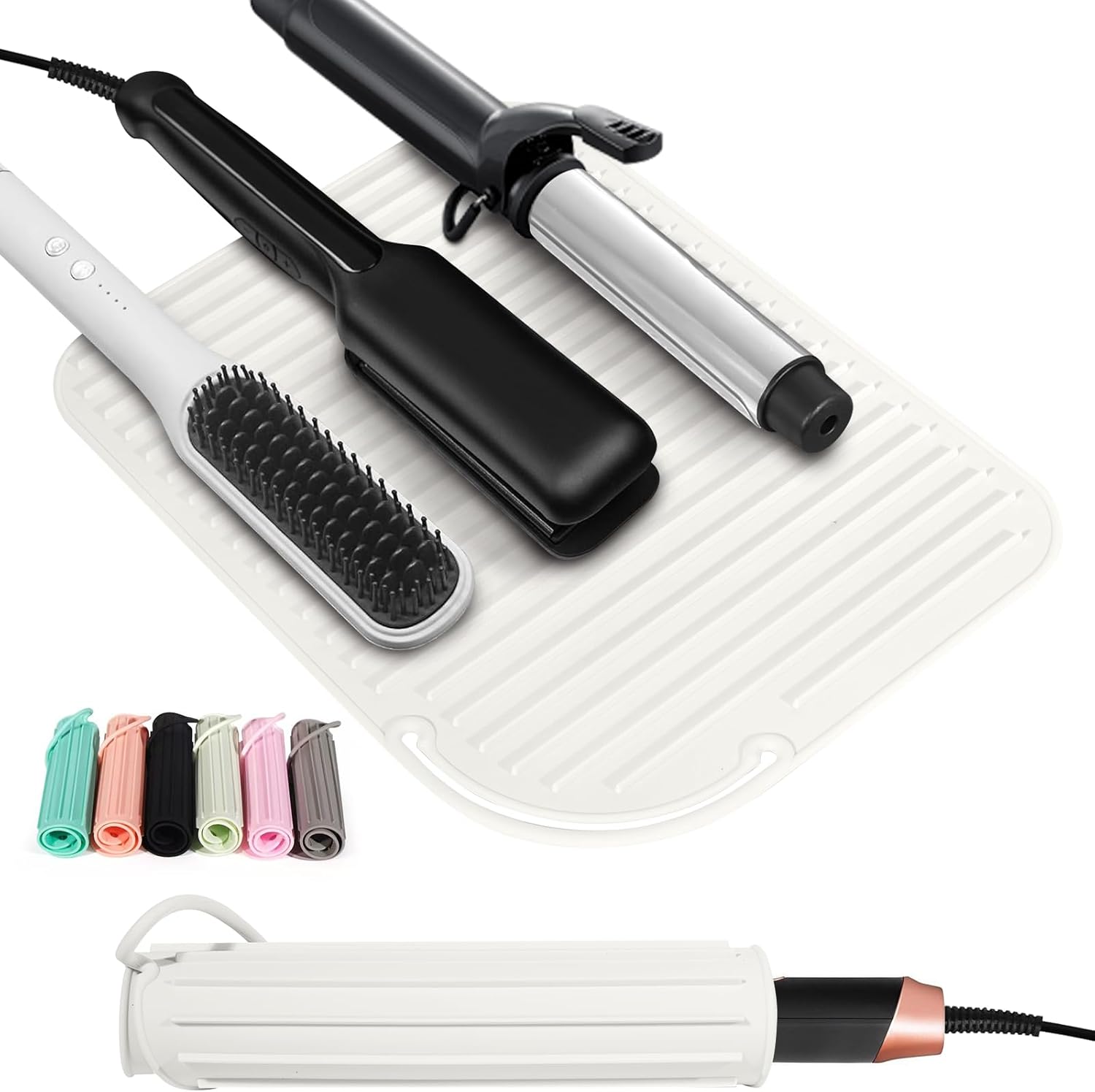 Quccefods oversize heat resistant silicone mat front view showing white protective surface for hair tools