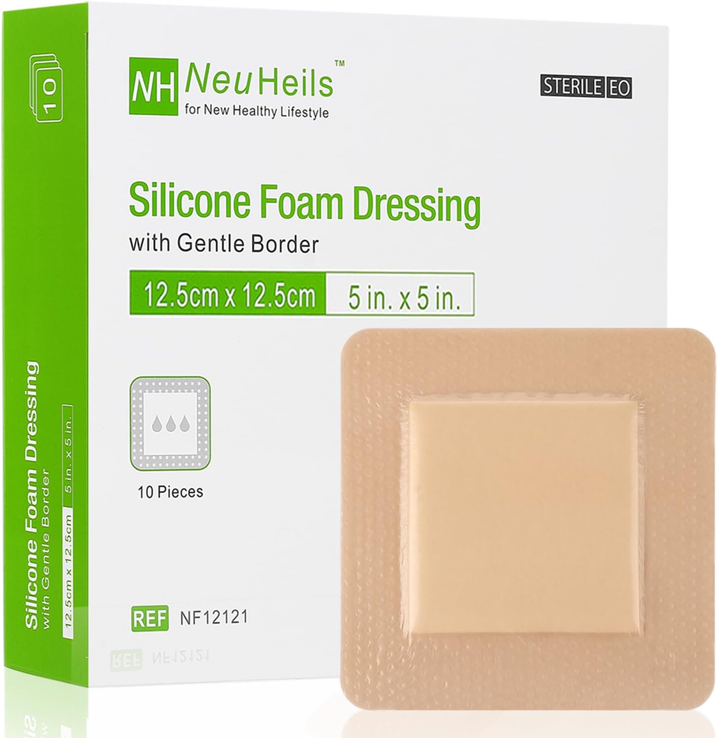 NeuHeils Silicone Foam Dressing 5x5 front packaging showing the 10 pack sterile wound bandages.