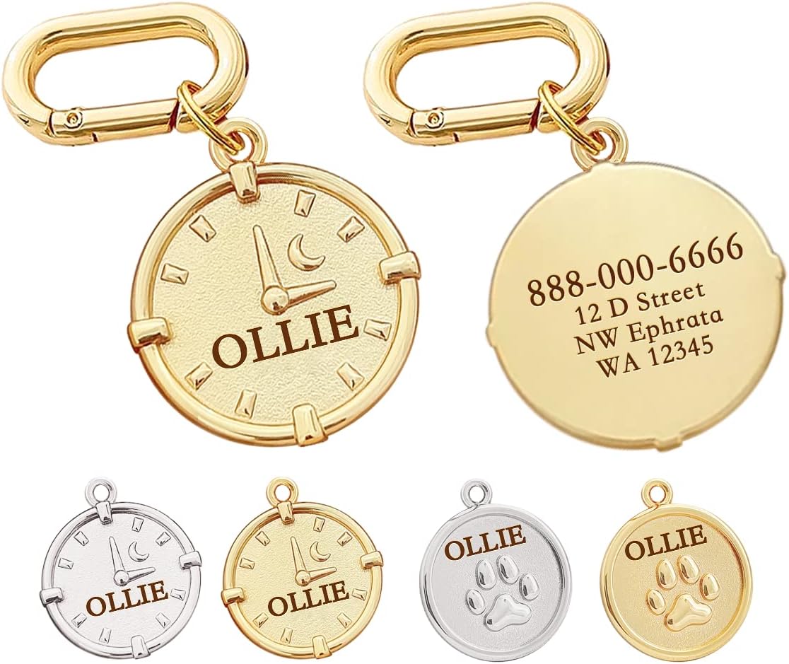 Dogs ID Tags Personalized Double Sided Deep Engraved Cat & Dog Collar Charm Round Shape Frosting Process Silver/Gold Plated (PAW-Gold) - Image 9