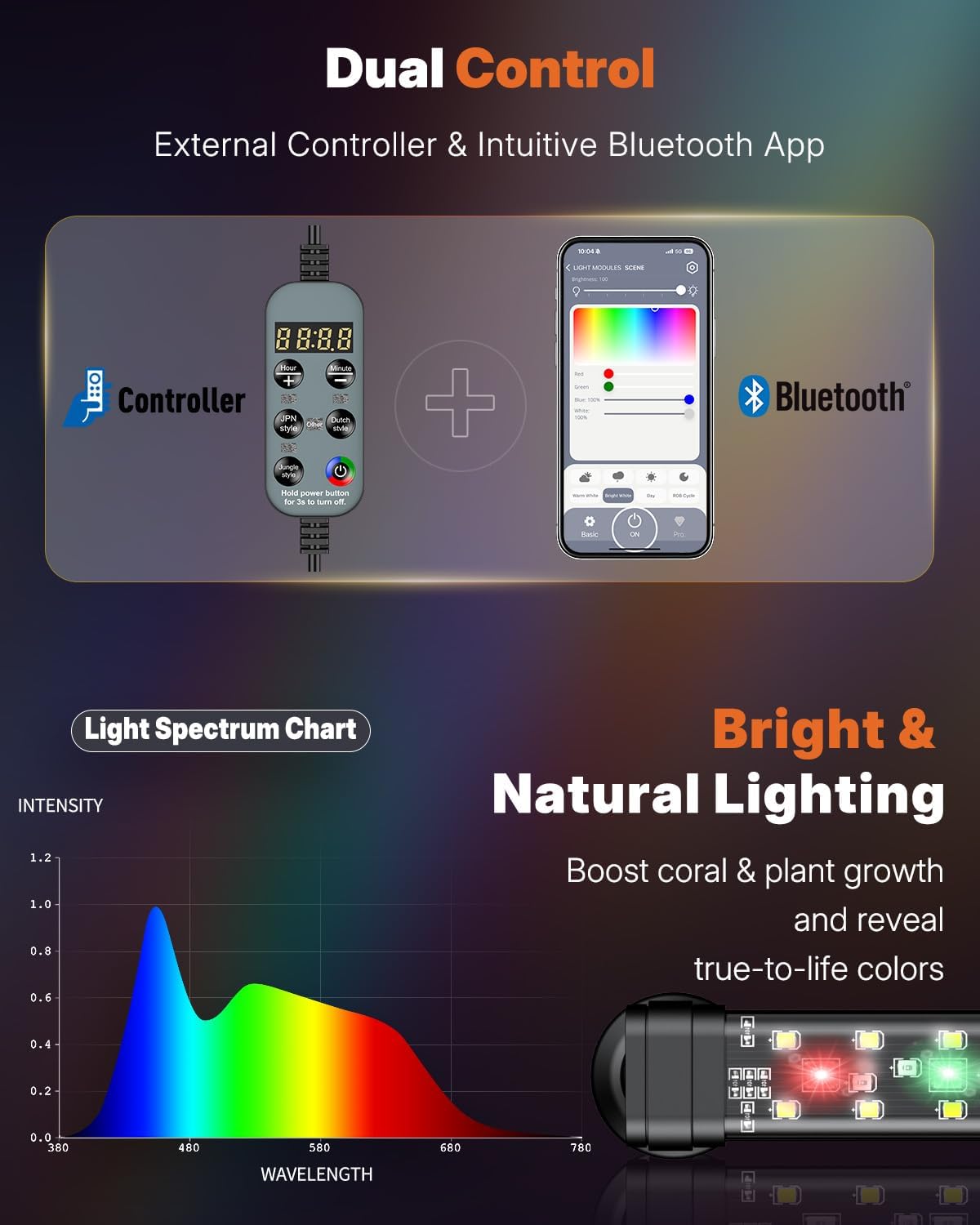 Pawfly submersible fish tank light showing the smart Bluetooth app control interface.