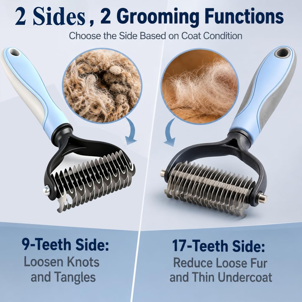 Sodknow undercoat rake highlighting the 17-tooth side for loose fur removal.