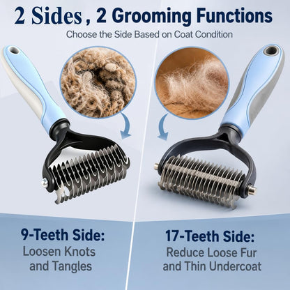 Sodknow undercoat rake highlighting the 17-tooth side for loose fur removal.