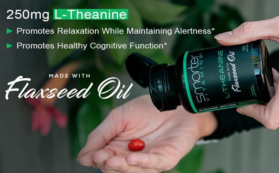 USA imported SmarterVitamins L-Theanine 50 liquid softgels packaging side view