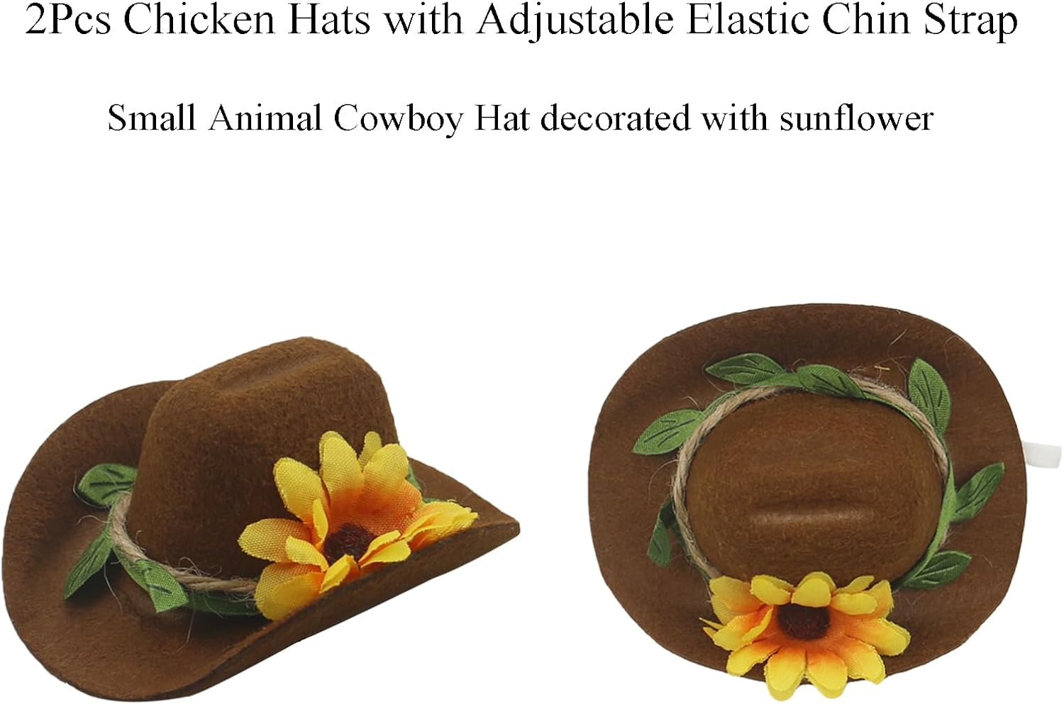 Two pieces of mini small animal pet hats with adjustable elastic straps displayed side by side.