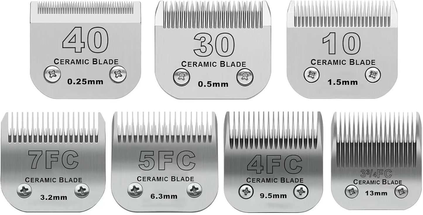 Size 40/10/7F/5F/4F Detachable Pet Dog Grooming Clipper Ceramic Blades Set,Compatible with Andis,Oster A5,Wahl KM10 Series Clippers,Cut Length 1/100"(0.25mm) to 3/8"(9.5mm),5 Pack - Image 9