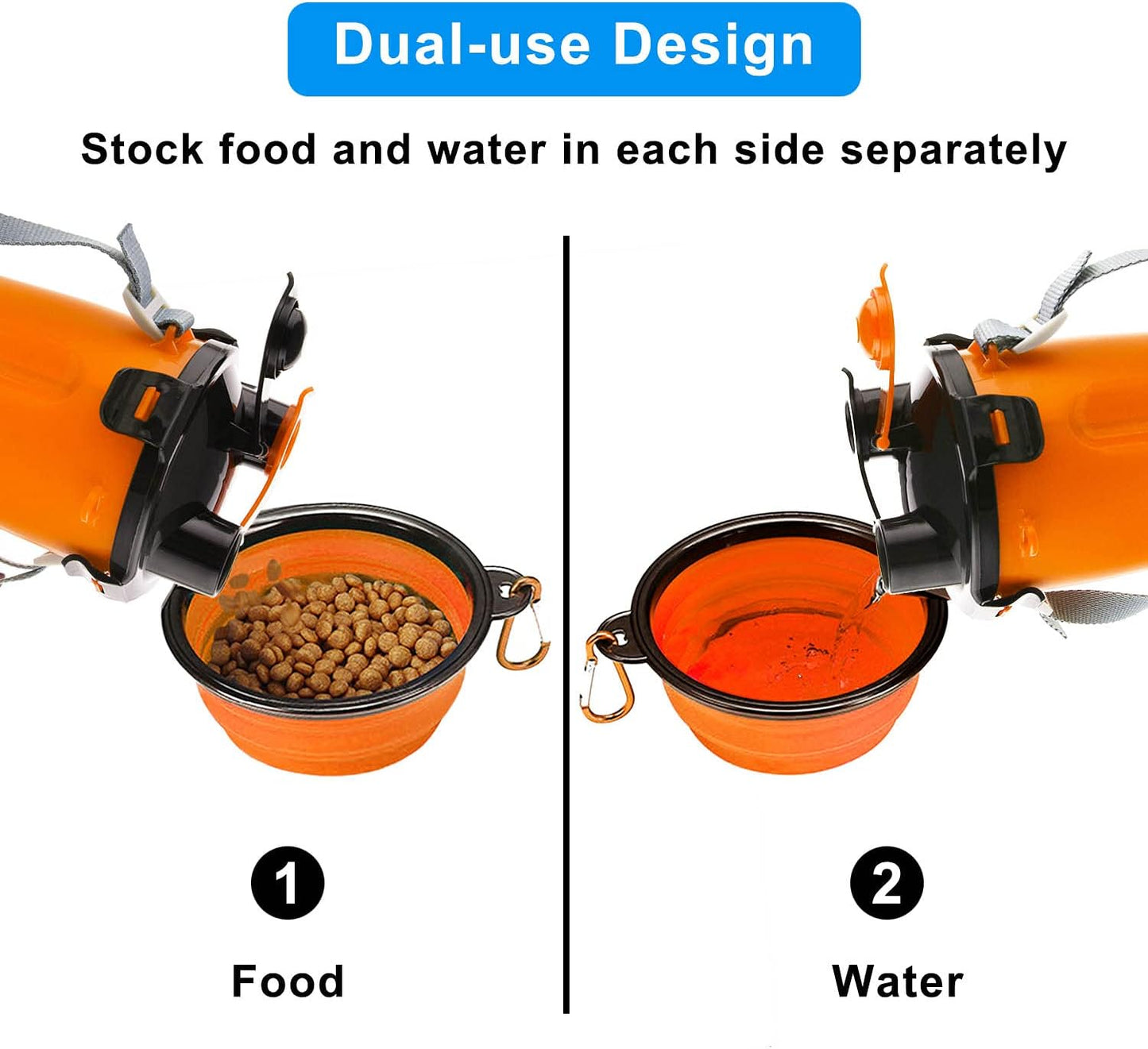 Orange portable dog travel bowls attached to a backpack using carabiners
