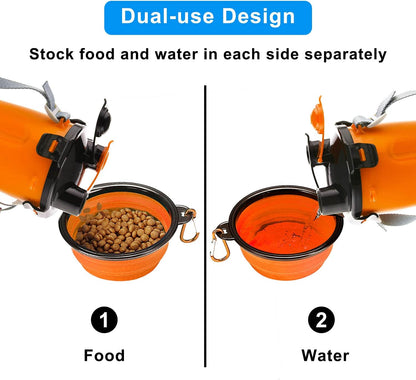 Orange portable dog travel bowls attached to a backpack using carabiners