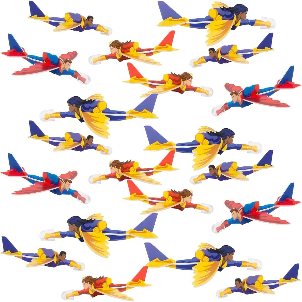 Fun Express Superhero Shaped Foam Gliders twenty-four piece bulk pack front view showcasing colorful airplane toy designs.