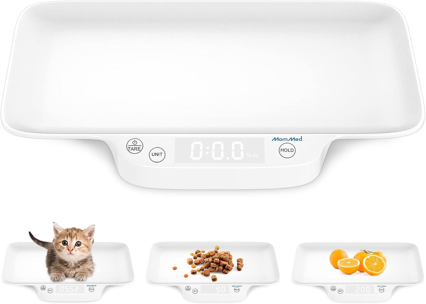MomMed Digital Pet Scale front view showcasing the white tray and digital LCD display for tracking puppy weight.