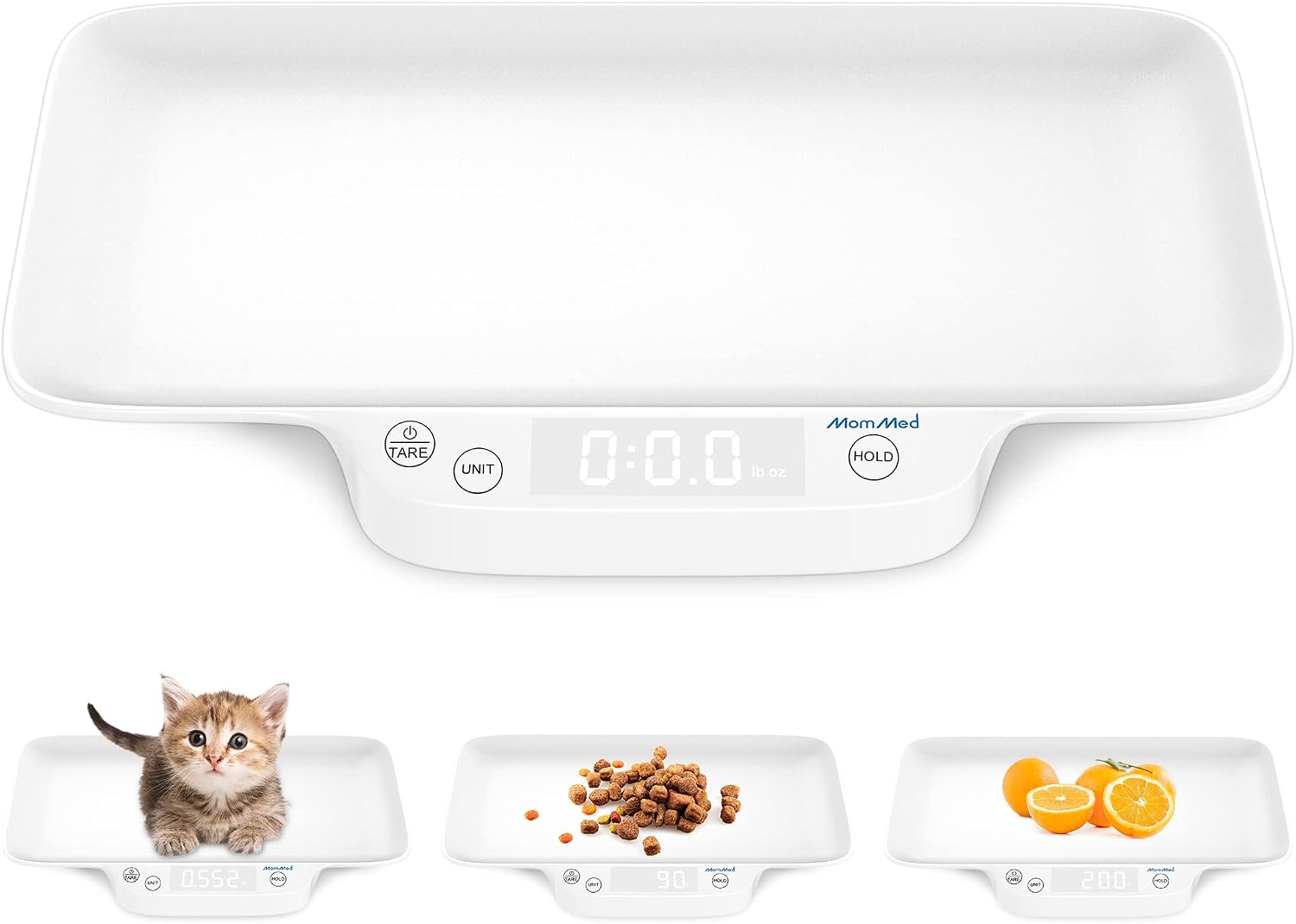 MomMed Digital Pet Scale front view showcasing the white tray and digital LCD display for tracking puppy weight.