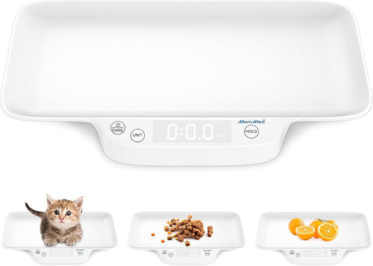 MomMed Digital Pet Scale front view showcasing the white tray and digital LCD display for tracking puppy weight.
